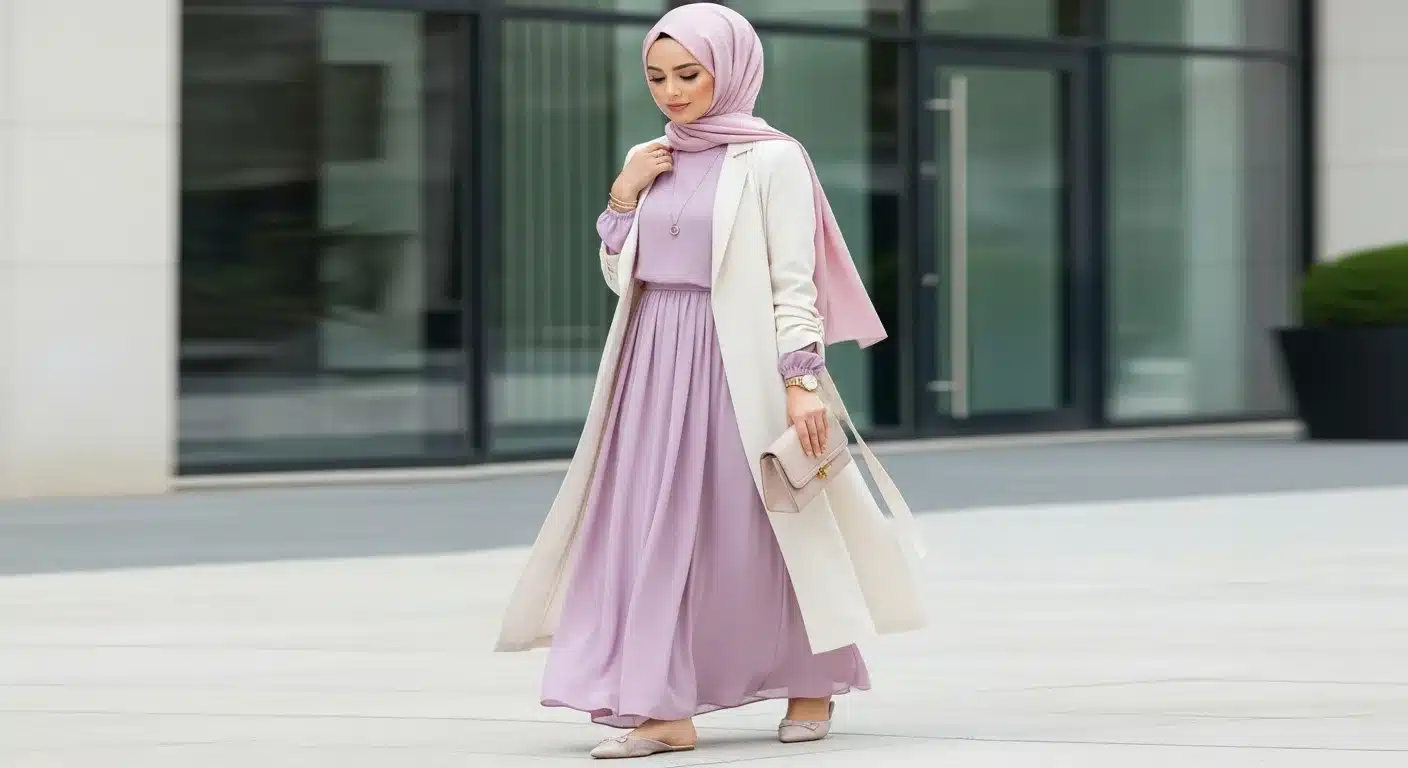 Pastel renk tesettür ilkbahar kombin 2026 lila pembe