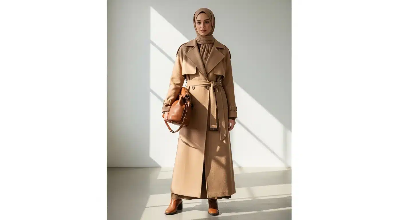 Trençkot tesettür sonbahar 2026 camel beige kombin