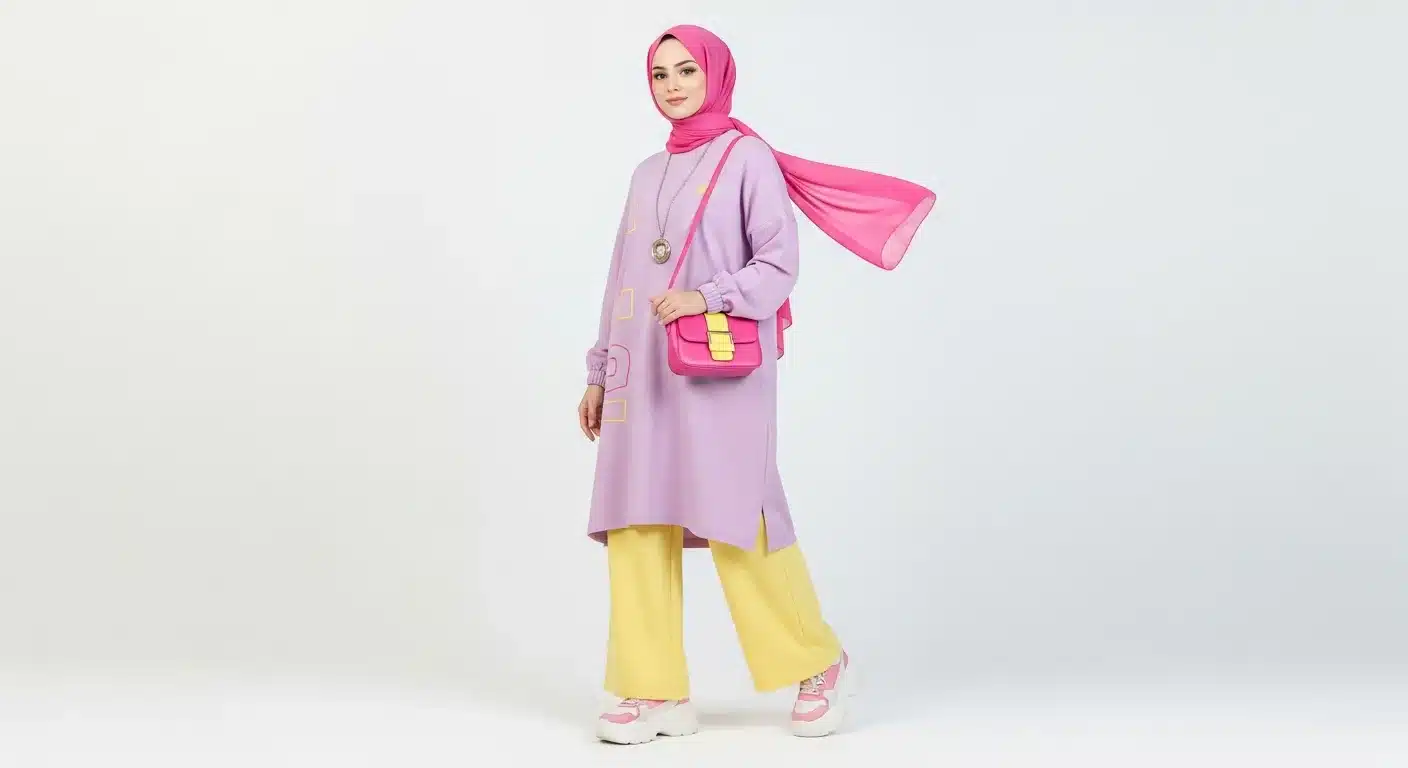 Y2K renkleri tesettür kombin 2026 pembe lila sarı